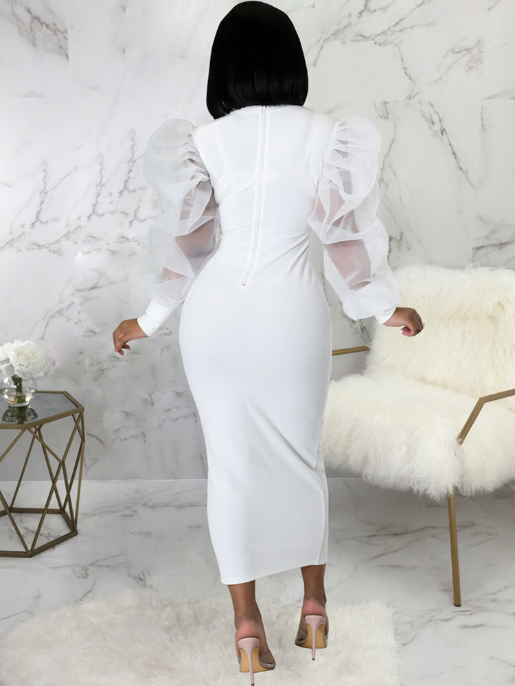 Sixsr Puff Mesh Sleeve Midi Dress