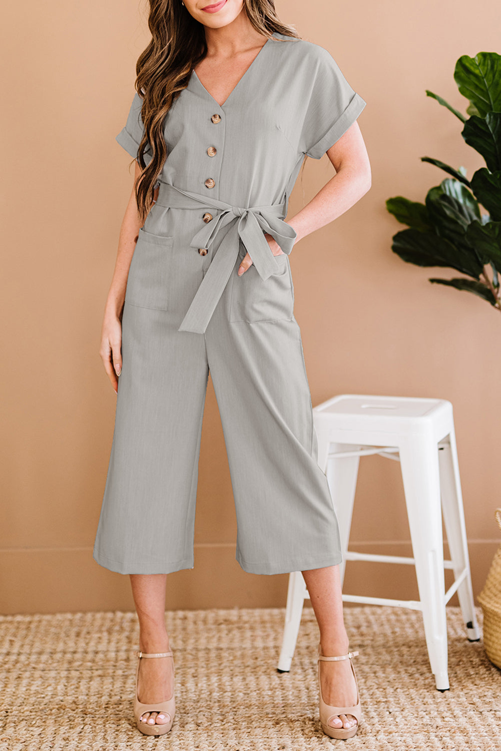 swvws Button Front Belted Cropped Jumpsuit with Pockets