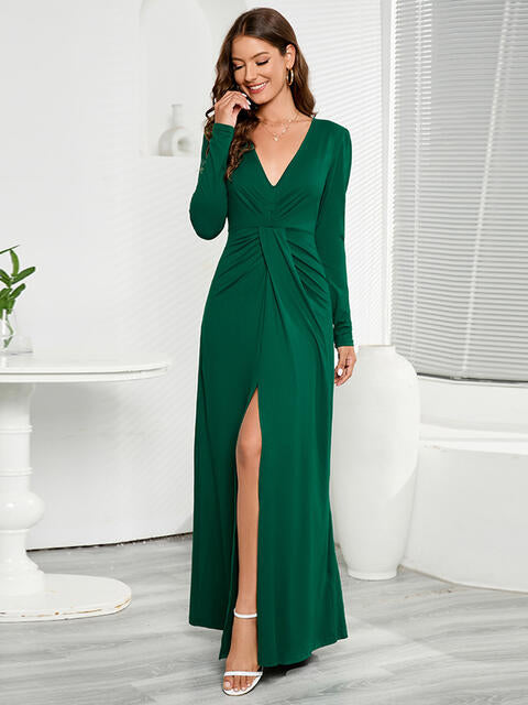 swvws V-Neck Long Sleeve Split Dress