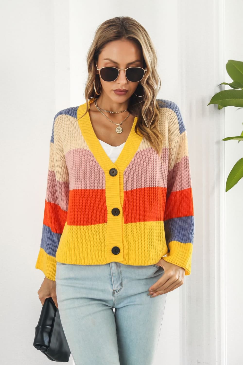 swvws Color Block Button-Down Dropped Shoulder Cardigan