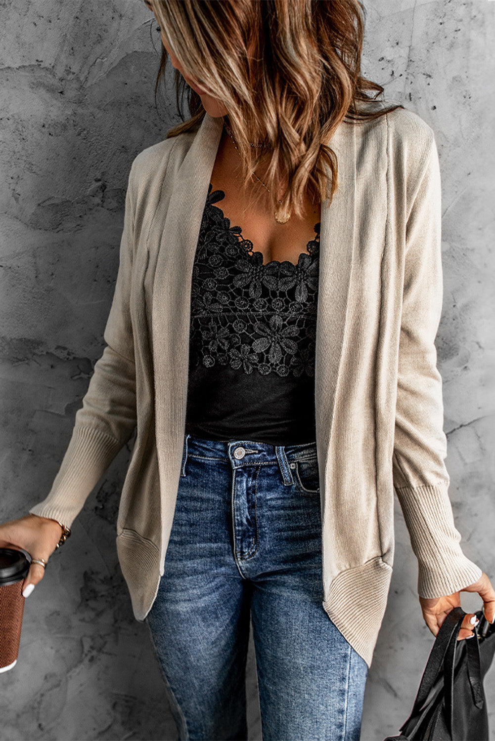 swvws Long Sleeve Ribbed Hem Open Front Longline Cardigan