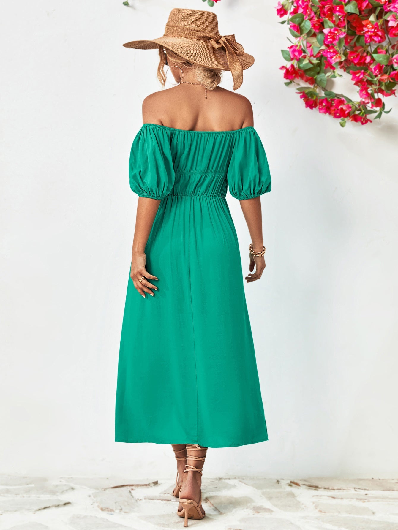 swvws Off-Shoulder Balloon Sleeve Midi Dress