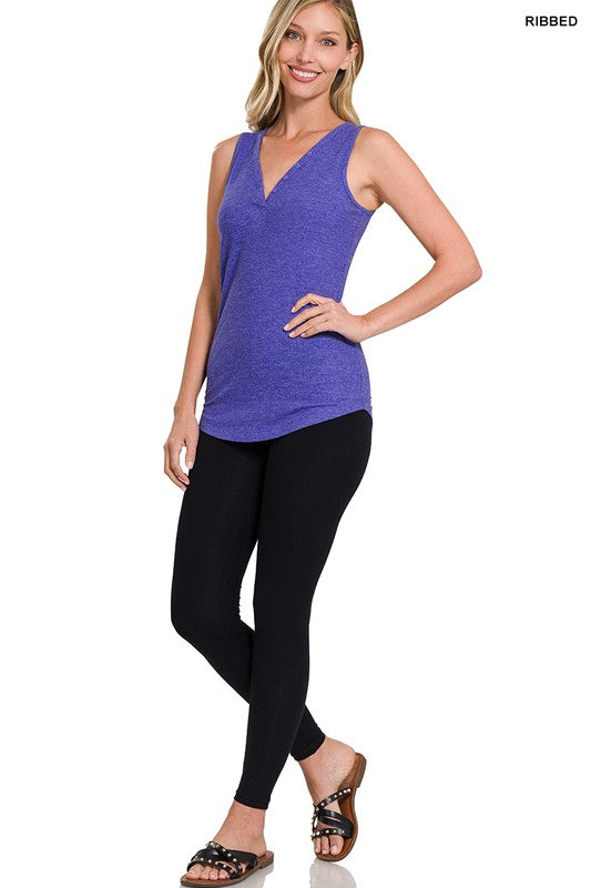 swvws Melange Ribbed Button Closure V-neck Top