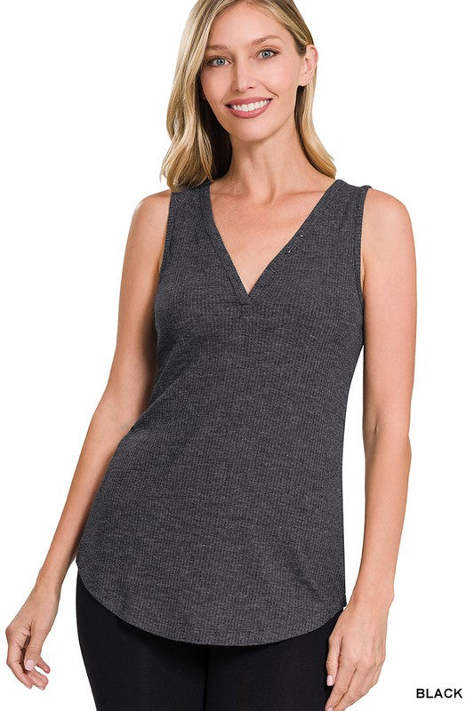 swvws Melange Ribbed Button Closure V-neck Top