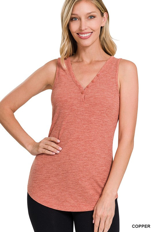 swvws Melange Ribbed Button Closure V-neck Top