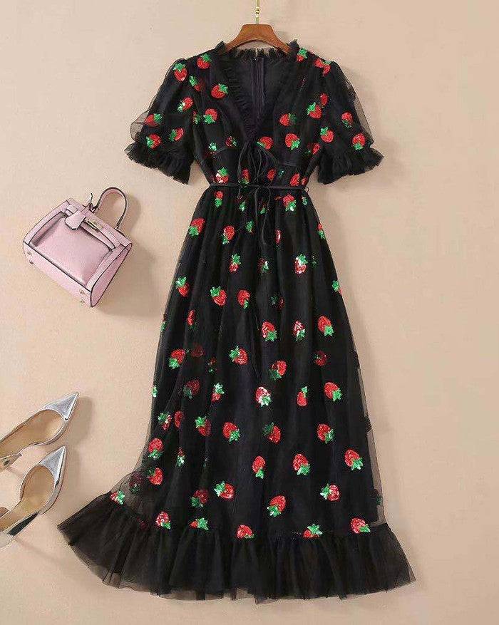 Sixsr Sequined Strawberry Mesh Pleated Maxi Dress