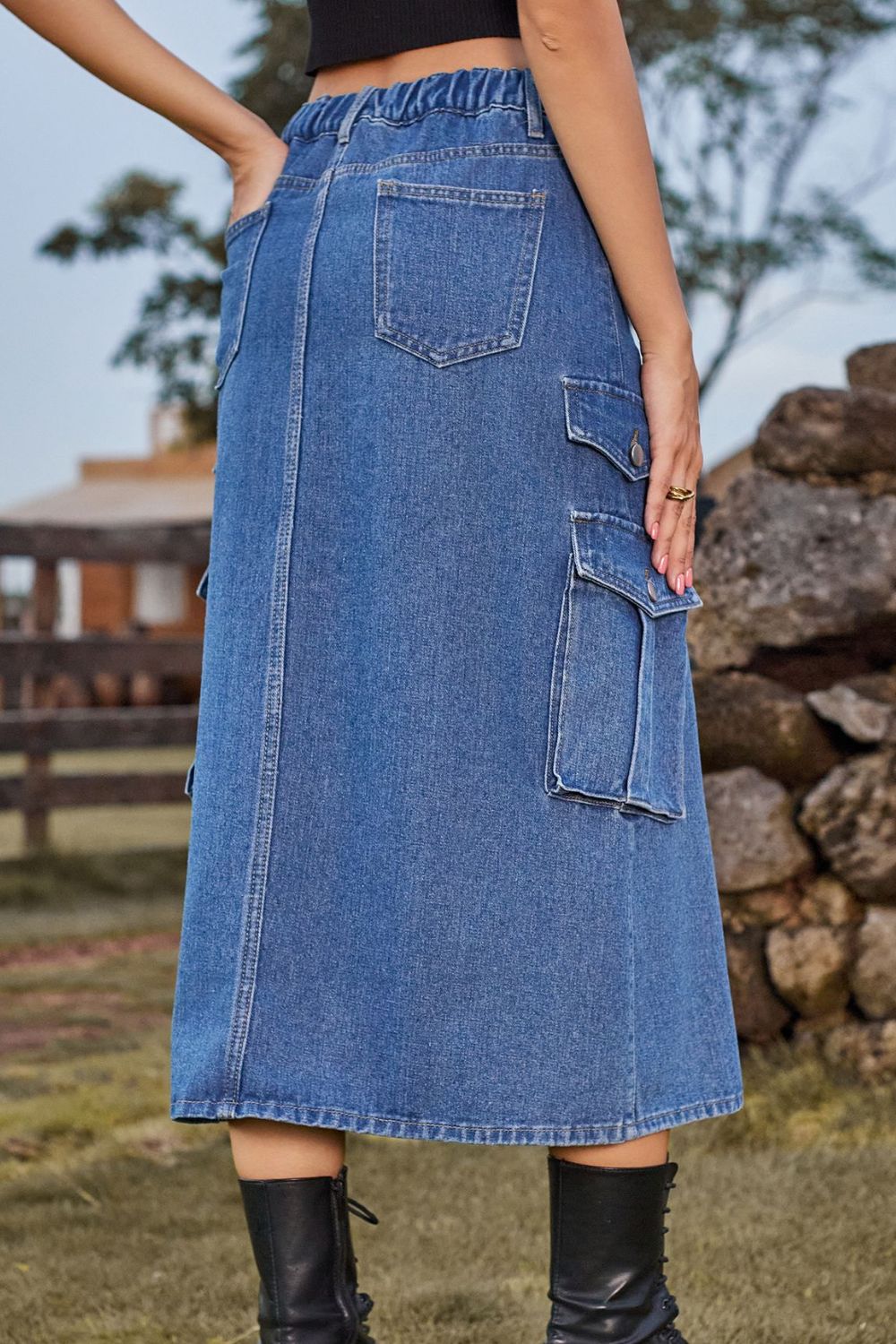 themeisles Slit Front Midi Denim Skirt with Pockets