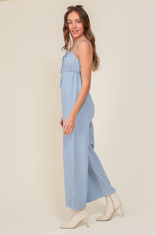 swvws Denim Blue Sleeveless Jumpsuit With Self Jump Tie