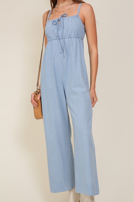 swvws Denim Blue Sleeveless Jumpsuit With Self Jump Tie