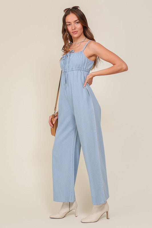 swvws Denim Blue Sleeveless Jumpsuit With Self Jump Tie