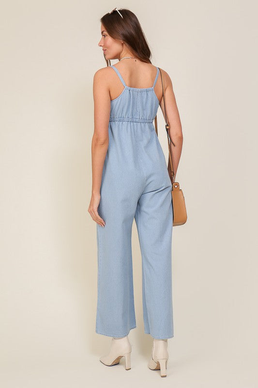 swvws Denim Blue Sleeveless Jumpsuit With Self Jump Tie