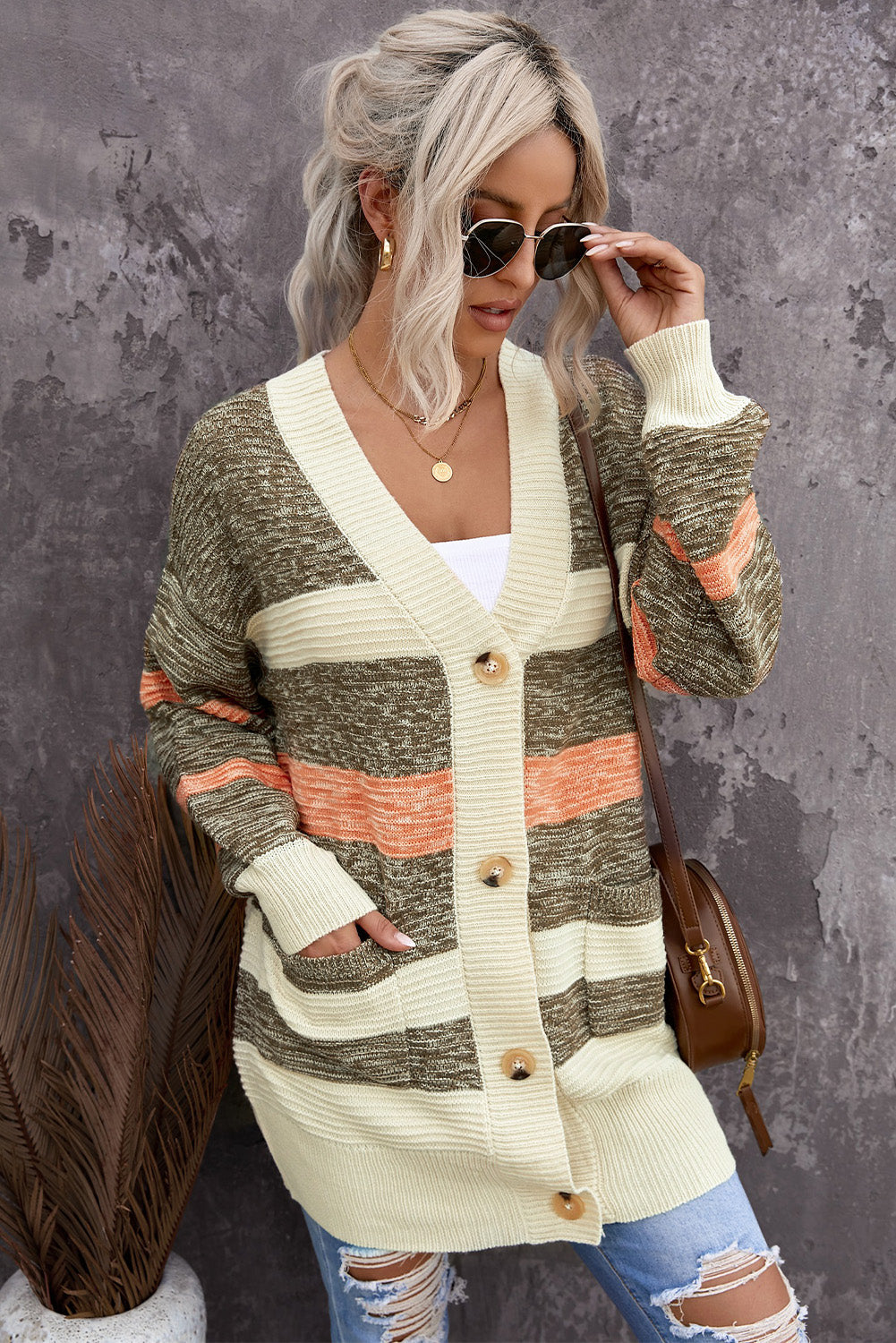 swvws Striped Button Down Longline Cardigan with Pockets