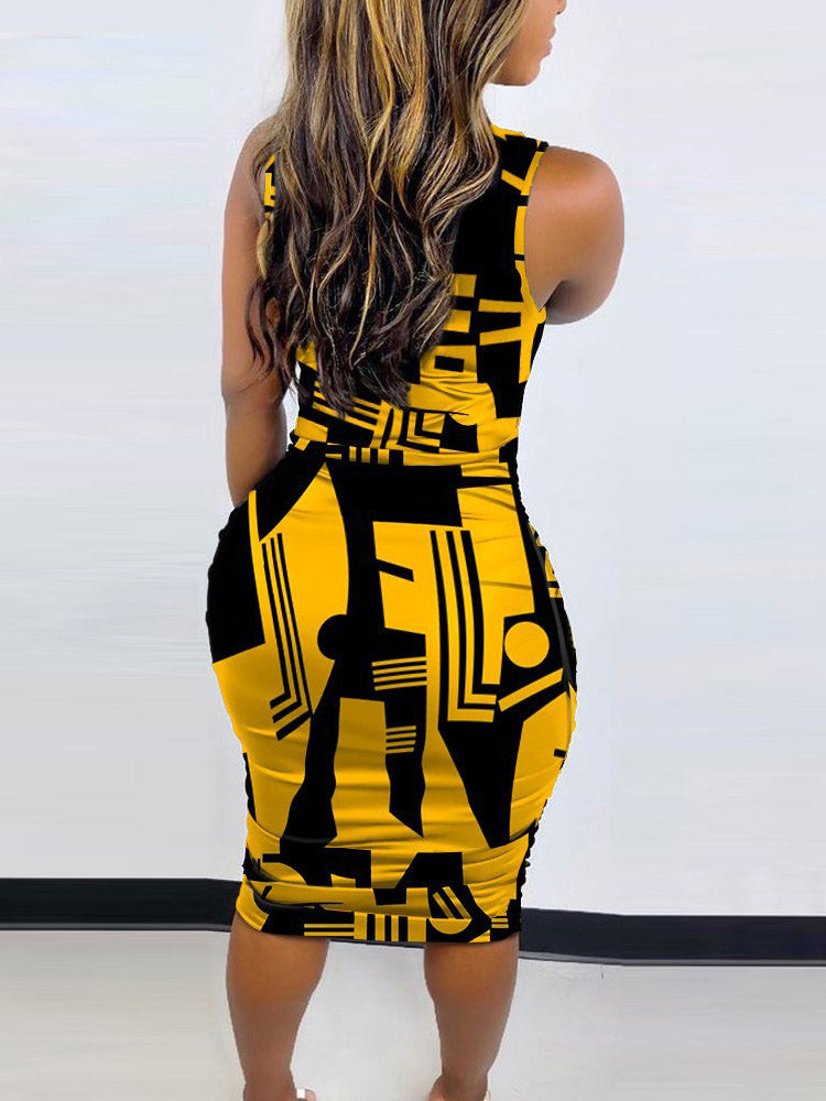 Sixsr Print Sleeveless Pencil Midi Dress