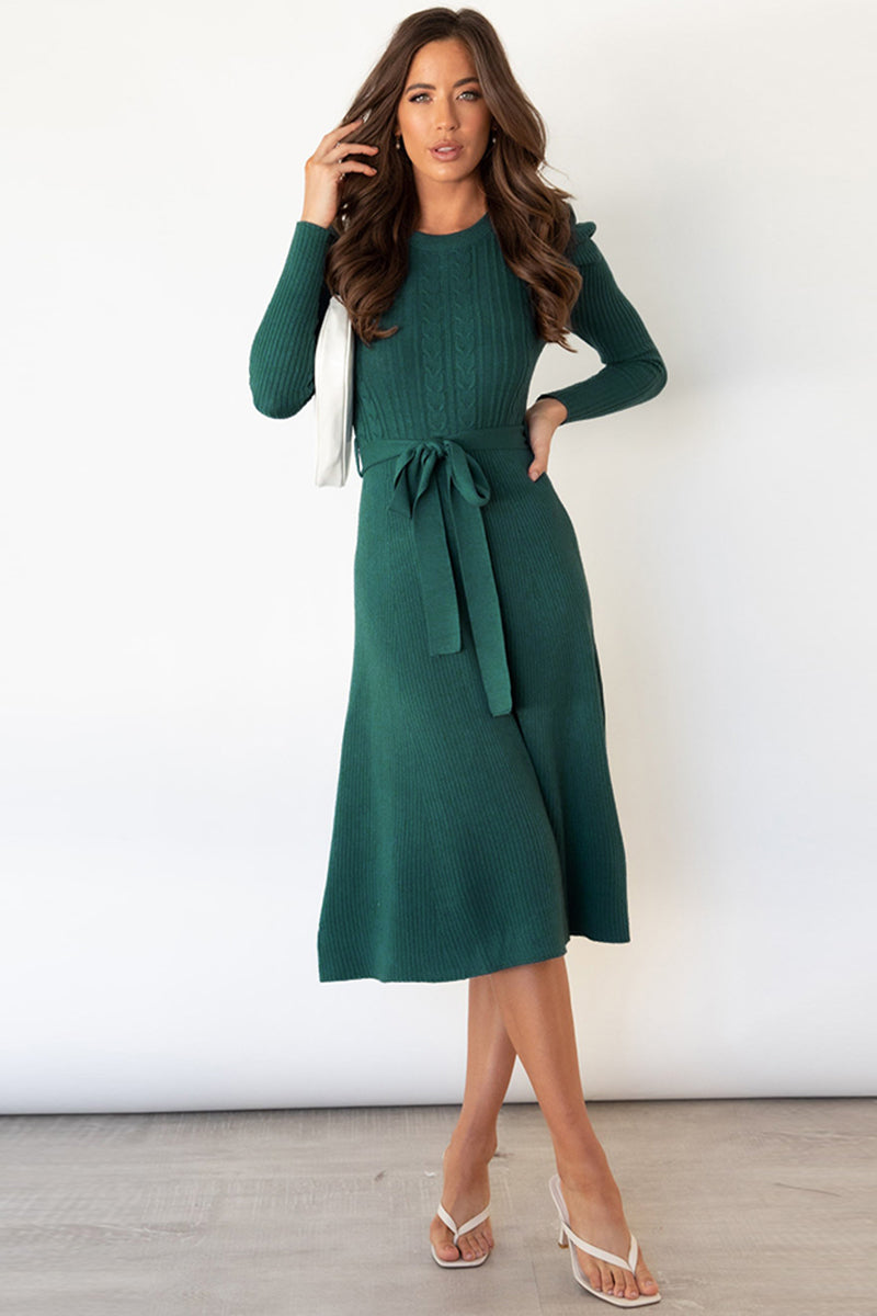 swvws Round Neck Long Sleeve Tie Waist Sweater Dress