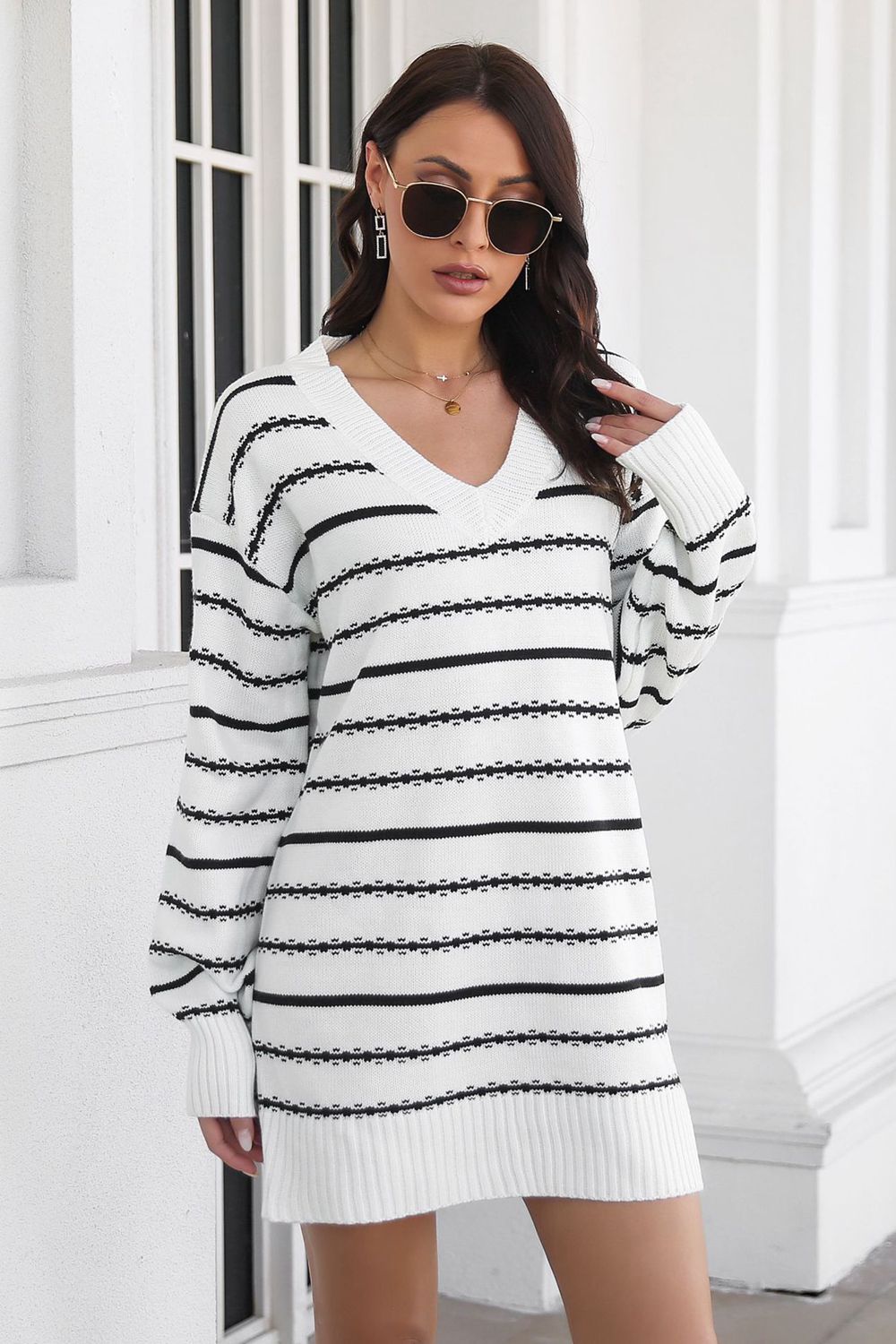 swvws Striped V-Neck Sweater Dress