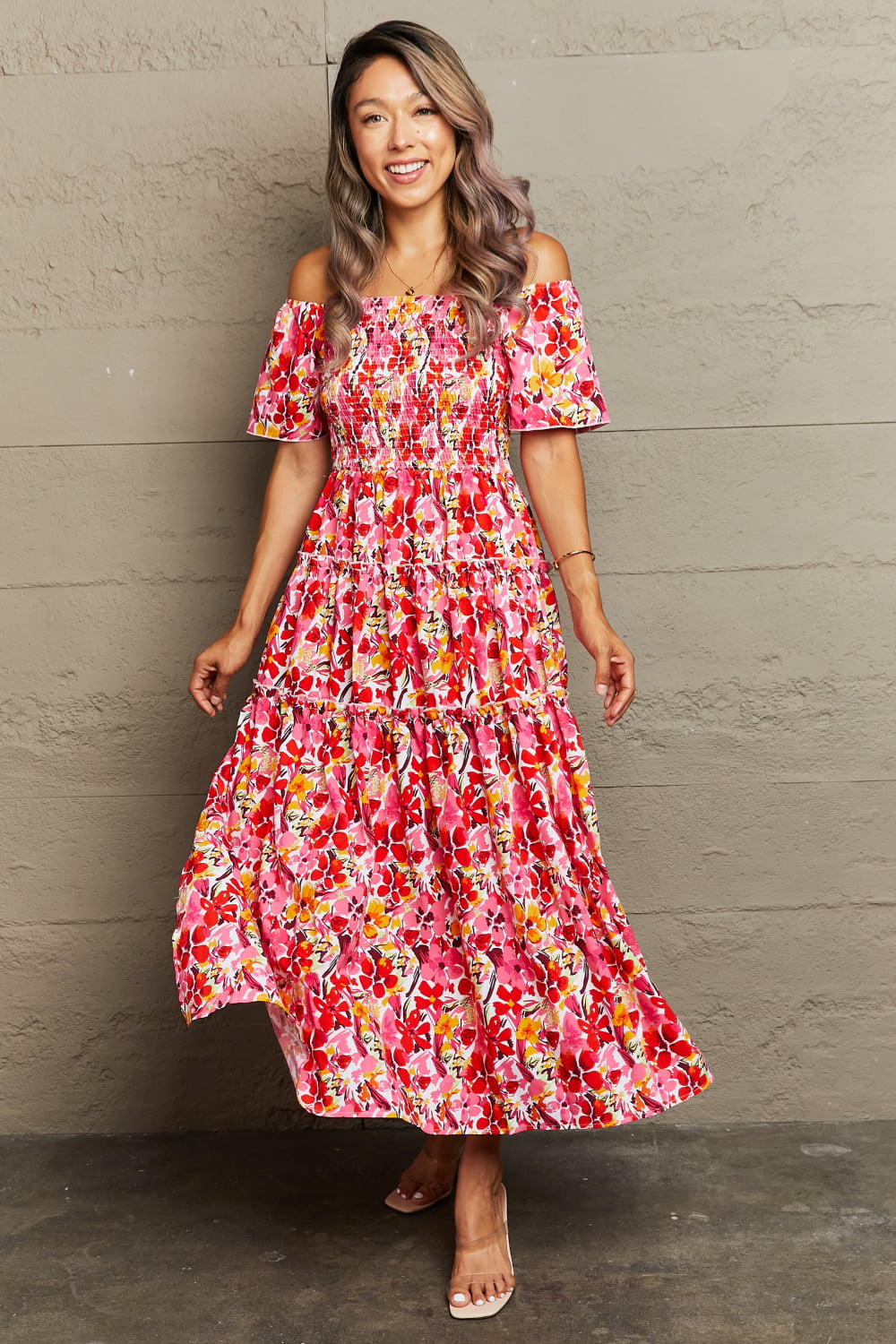 swvws Floral Off-Shoulder Frill Trim Maxi Dress