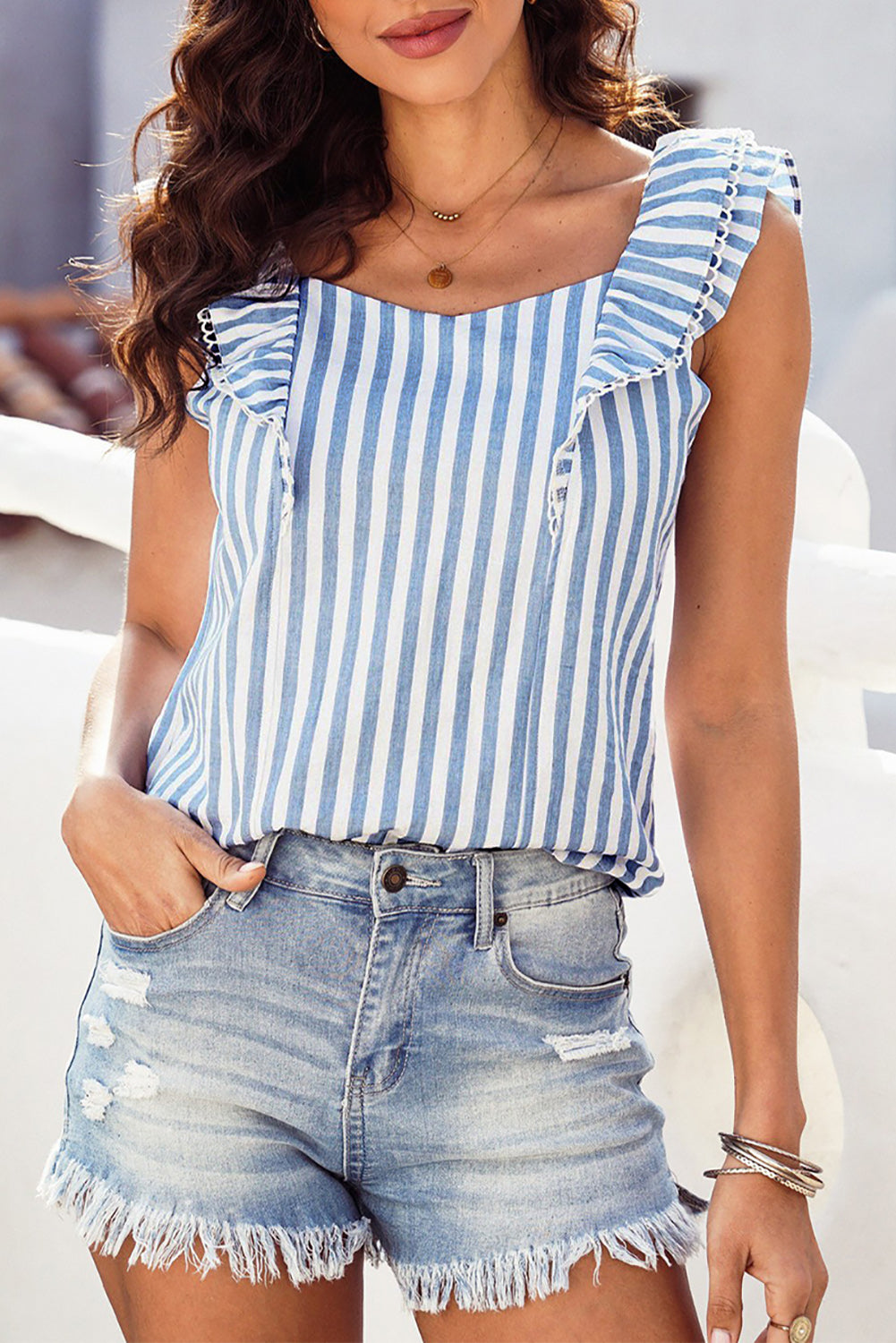 swvws Striped Tie Back Ruffled Tank