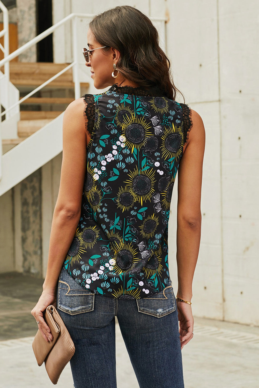 swvws Sunflower Print Lace Trim Tank