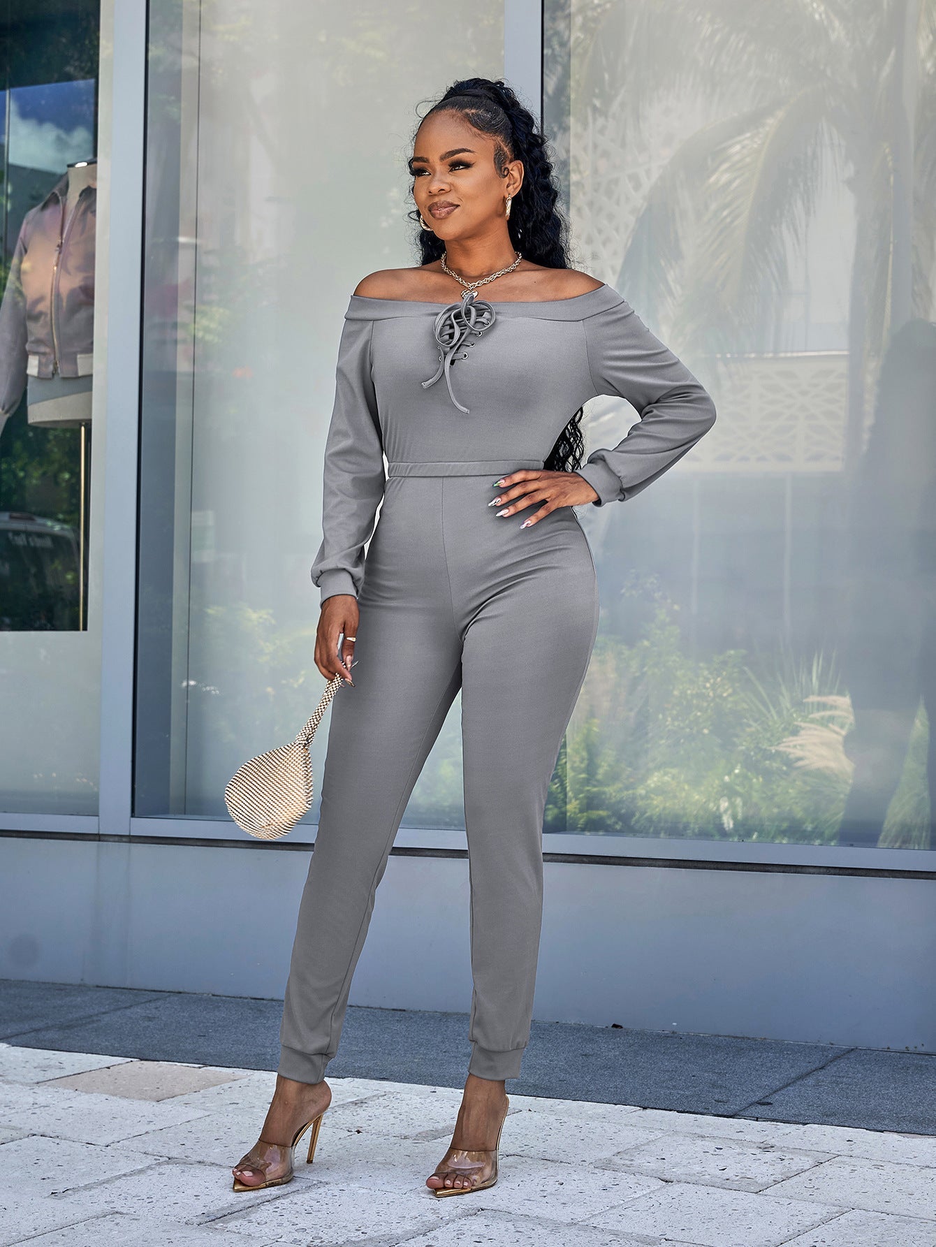 swvws Lace-Up Off-Shoulder Long Sleeve Jumpsuit