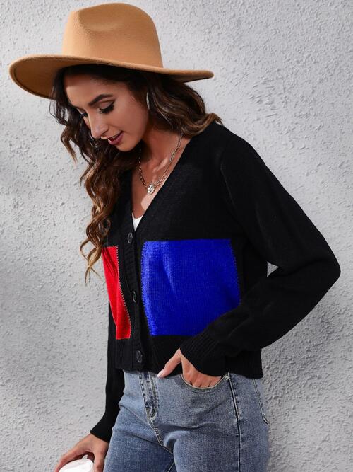 swvws Color Block Button Up Long Sleeve Cardigan