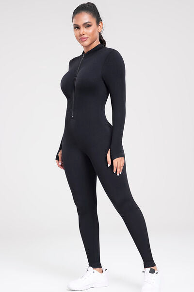 swvws Zip Up Ribbed Long Sleeve Skinny Active Jumpsuit