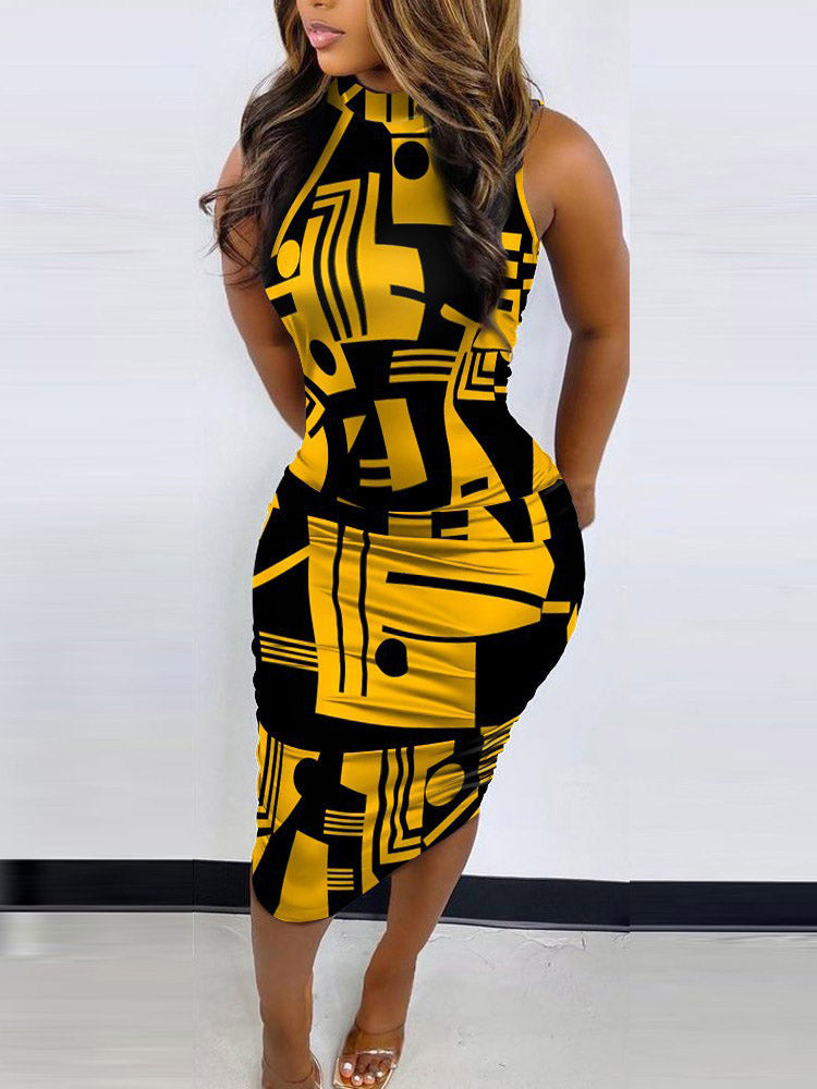 Sixsr Print Sleeveless Pencil Midi Dress