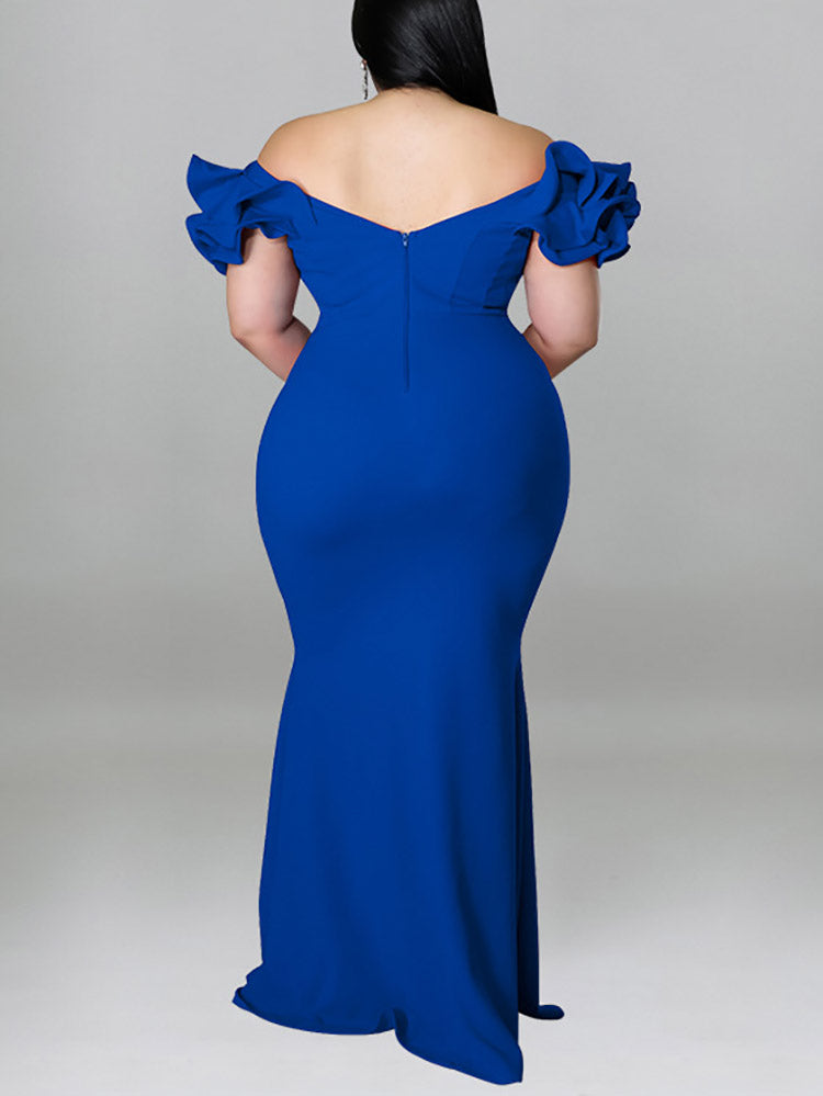 Sixsr Ruffle Solid Evening Dress