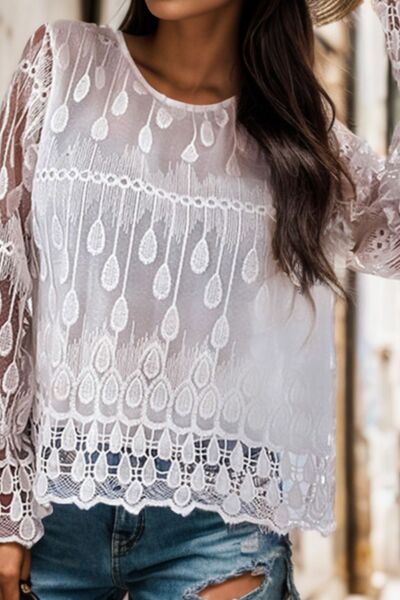 swvws Round Neck Flounce Sleeve Lace Blouse