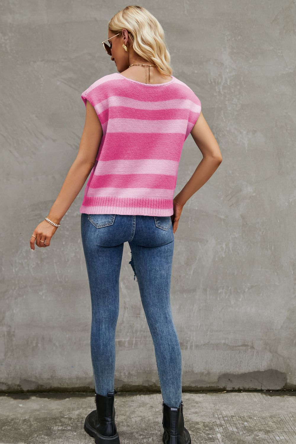 swvws Striped Round Neck Cap Sleeve Knit Top