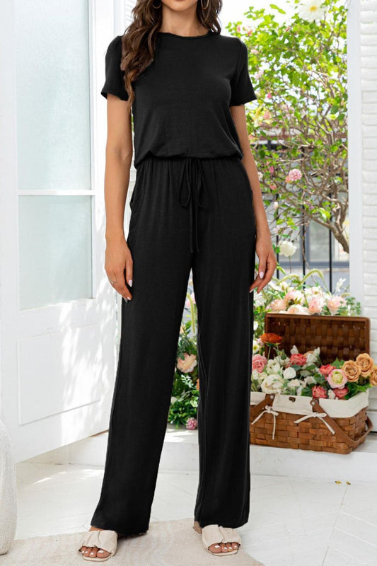 swvws Round Neck Open Back Jumpsuit with Pockets