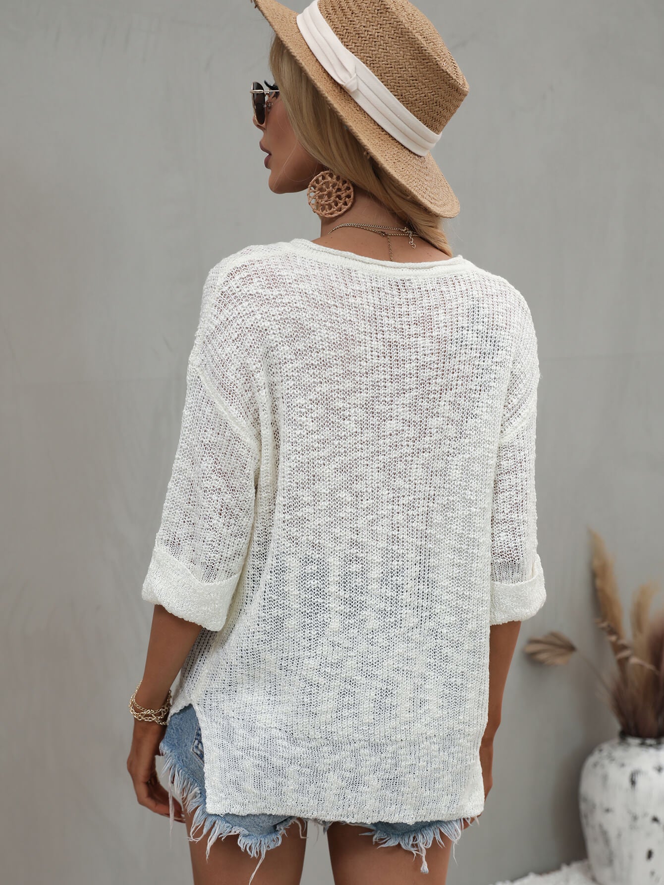 swvws Notched Side Slit Drop Shoulder Sweater