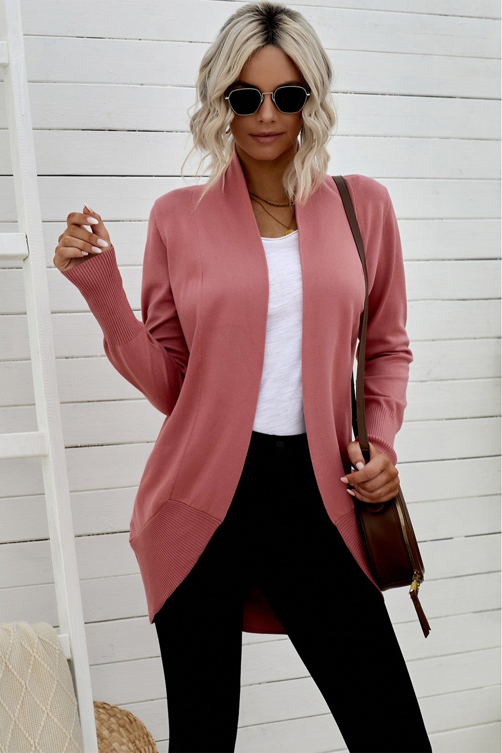 swvws Long Sleeve Ribbed Hem Open Front Longline Cardigan