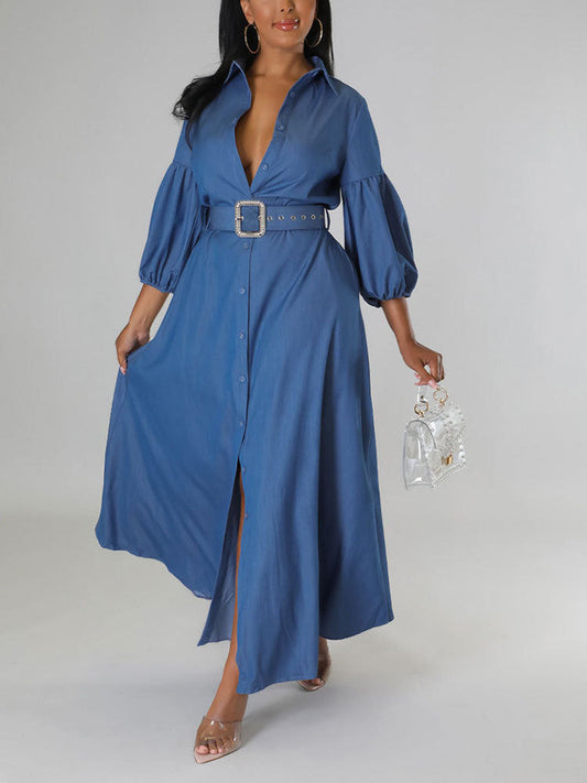 Sixsr Lantern Sleeve Belted Shirt Dress