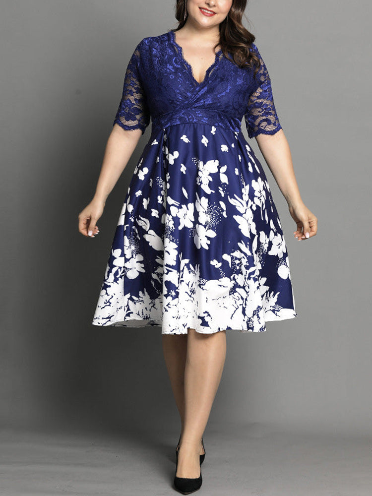 Sixsr Lace Patchwork Butterfly Print Dress