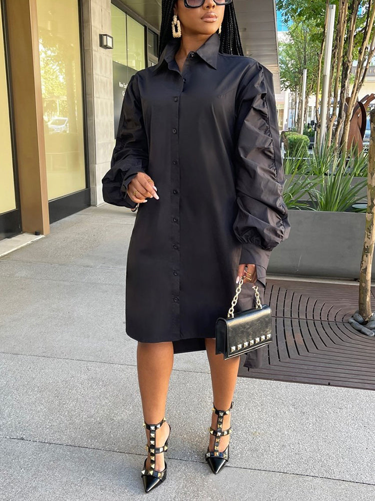 Sixsr Turndown Collar Long Sleeve Shirt Dress