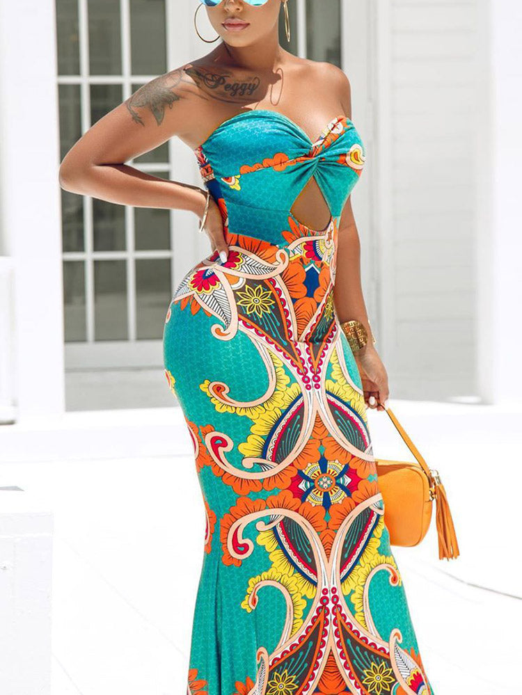 Sixsr Vacation Strapless Print Beach Dress