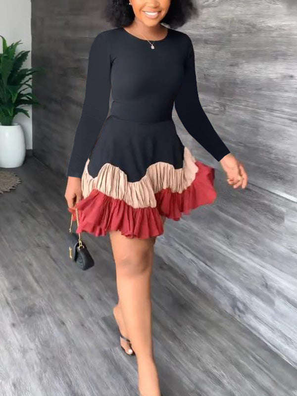 Sixsr Color Block Ruffle Mini Dress