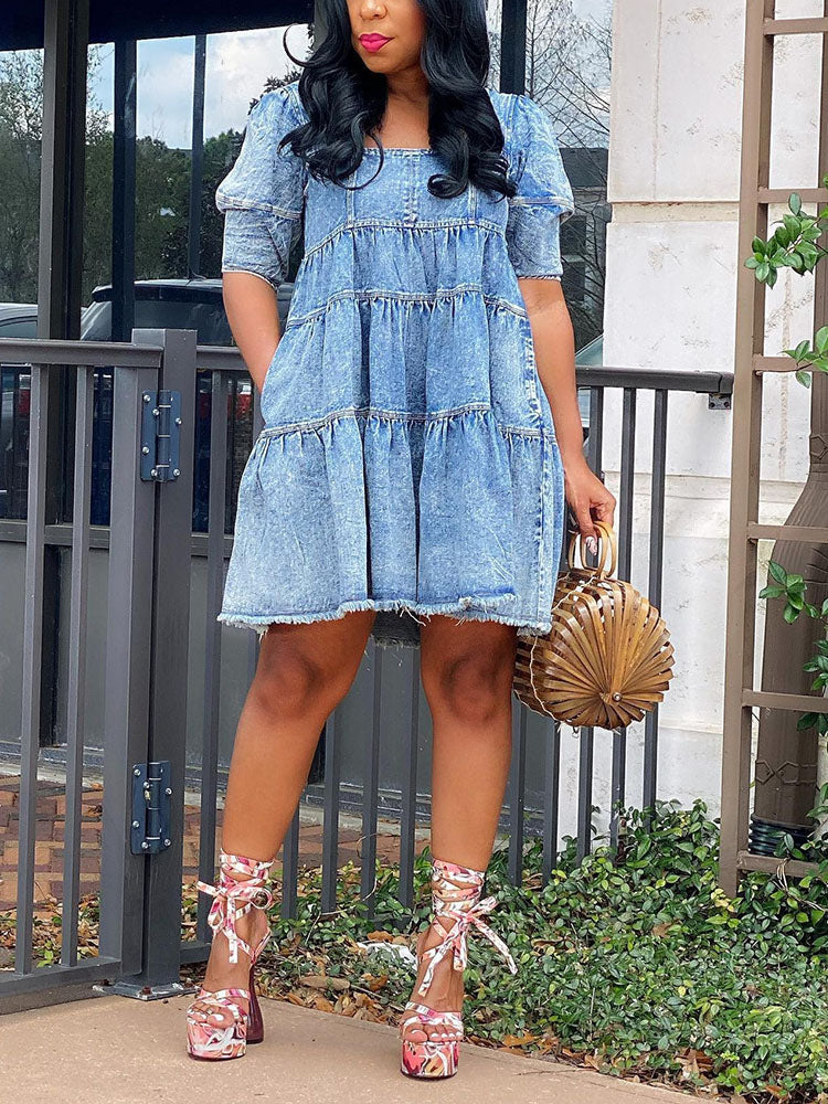 Sixsr Denim Puff Sleeve Mini Dress