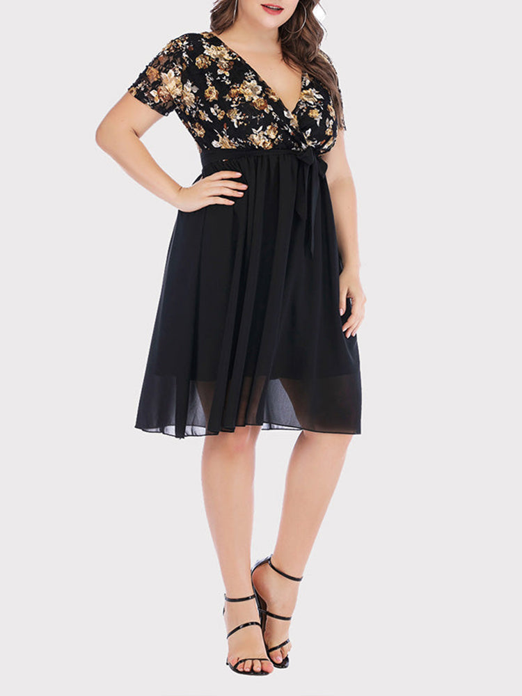 Sixsr Vintage Floral Lace V Neck Chiffon Dress