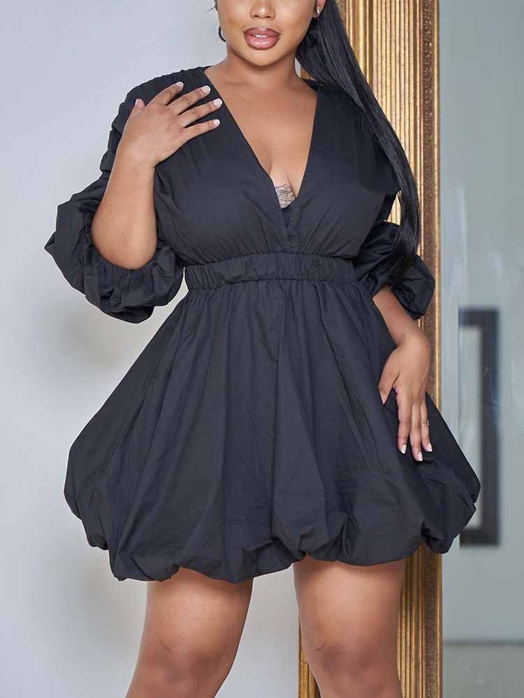 Sixsr V Neck Puff Sleeve Mini Dress