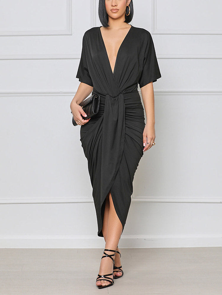 Sixsr V Neck Ruched Wrap Slit Dress