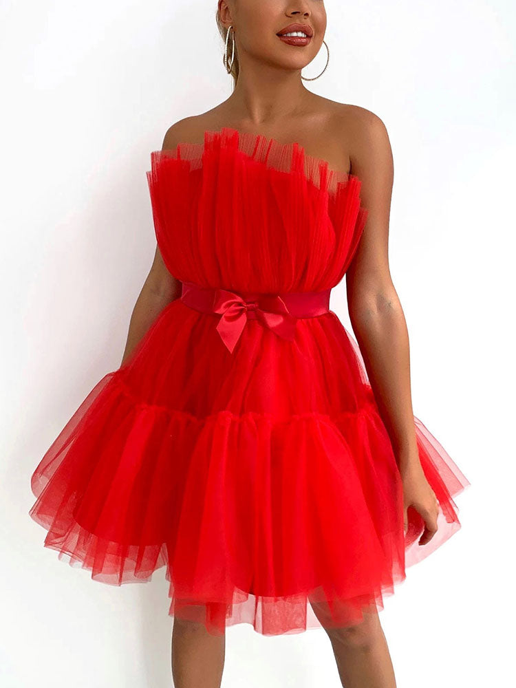 Sixsr Bow Decor Layered Tulle Cocktail Dress