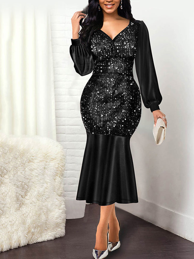 Sixsr V-Neck Sequined Fishtail Evening Dress