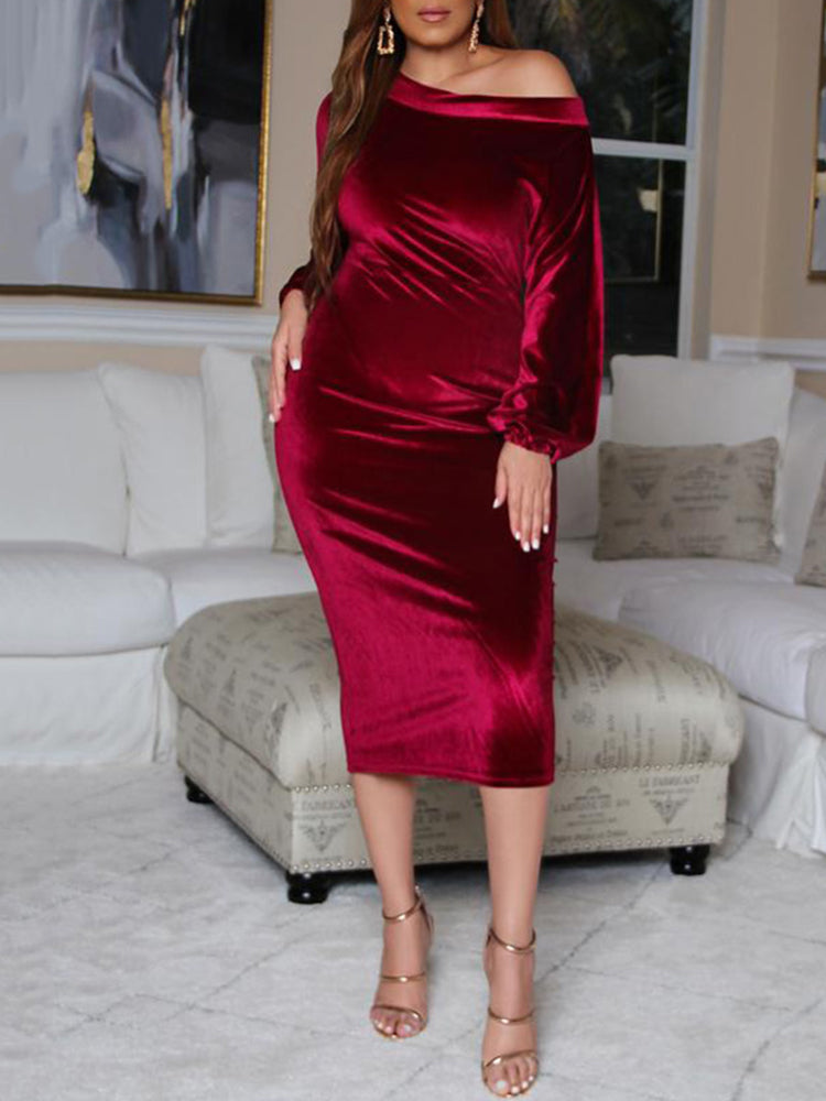 Sixsr Off Shoulder High Waist Velvet Dress