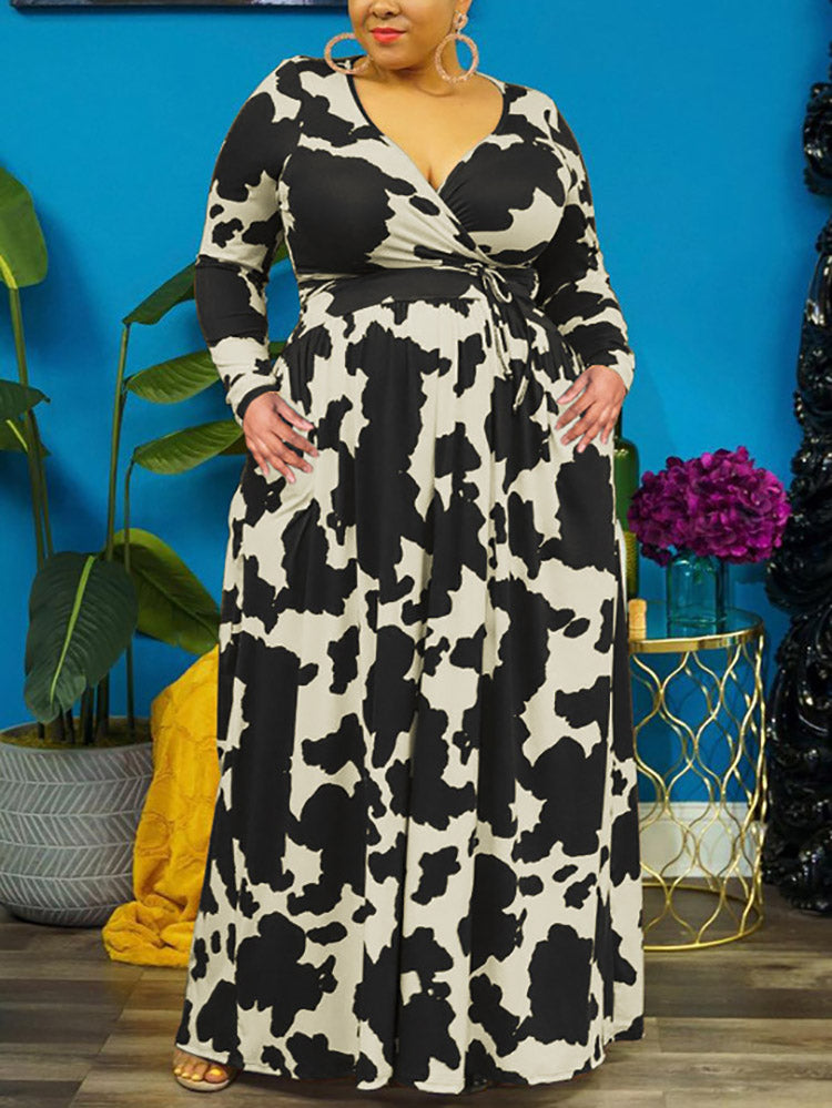 Sixsr Cow Print V Neck Wrap Dress