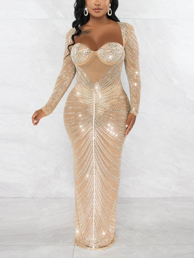 Sixsr Mesh Sheer Rhinestones Long Sleeves Dress