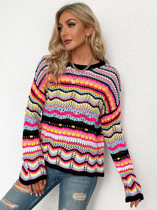 swvws Rainbow Stripe Openwork Flare Sleeve Knit Top