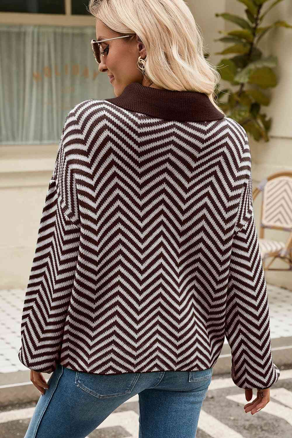 swvws Striped Collared Neck Buttoned Pullover Sweater