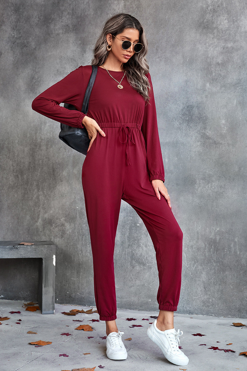 swvws Drawstring Waist Round Neck Long Sleeve Jumpsuit