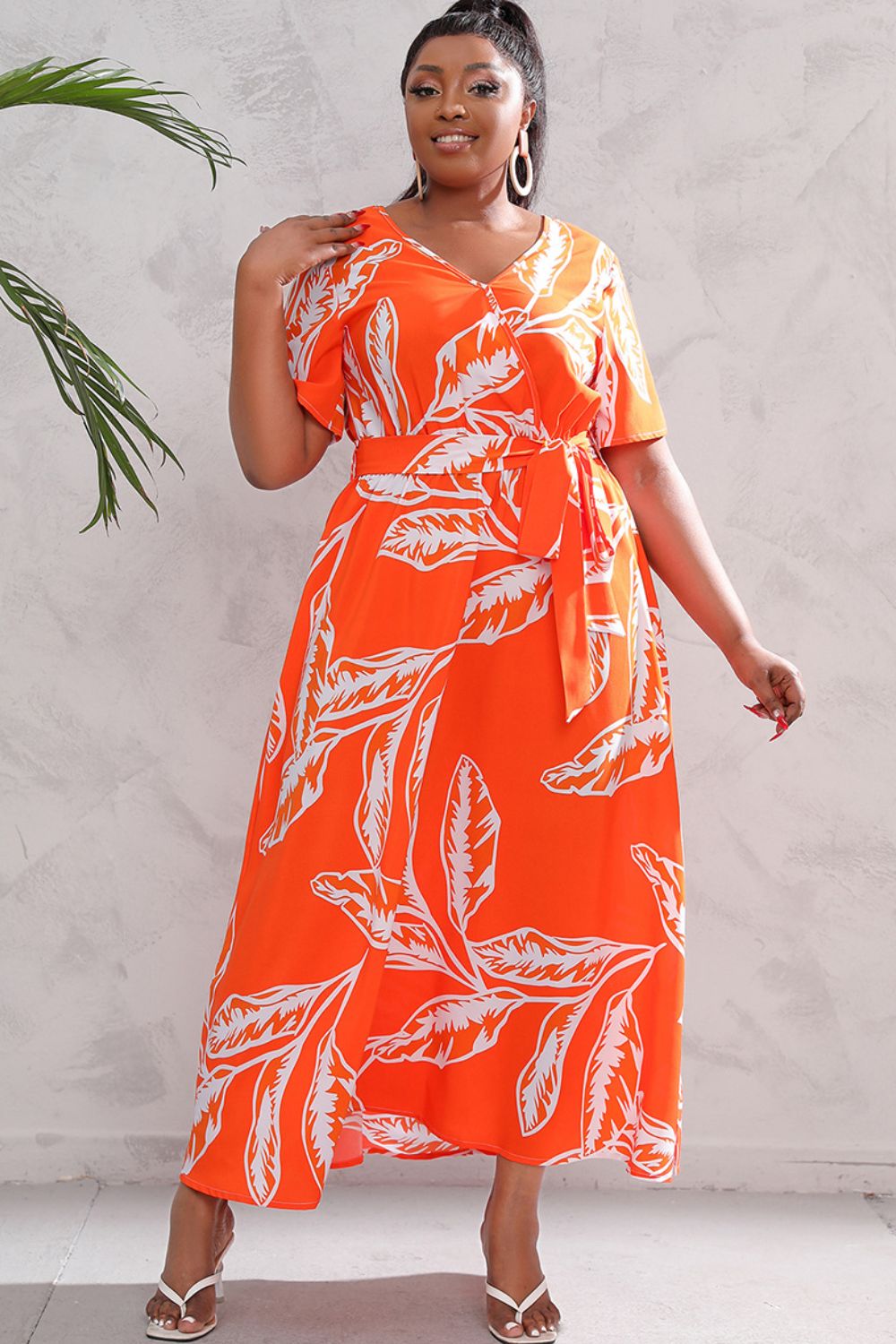 swvws Plus Size Printed Surplice Short Sleeve Maxi Dress